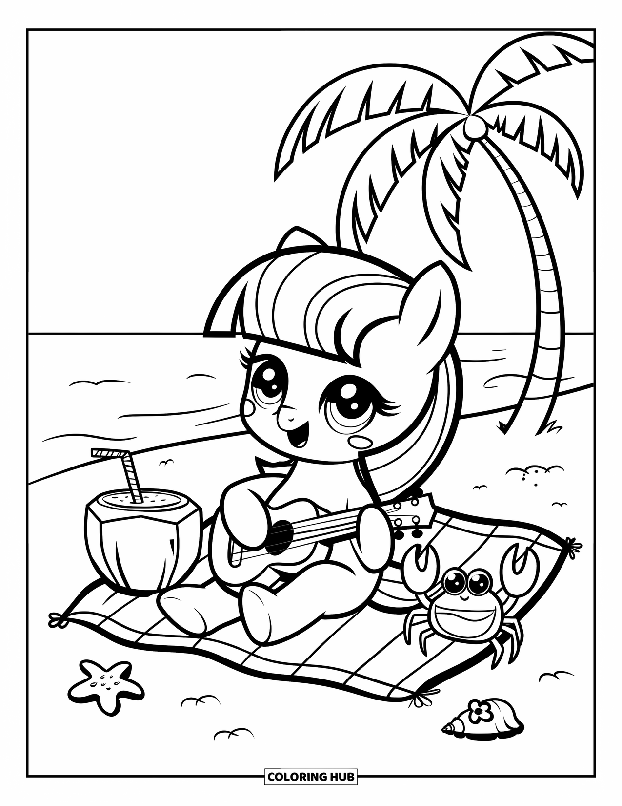 Horse Coloring Page for Adults: A pony with a ukulele sits on the beach, enjoying a coconut drink and a dancing crab