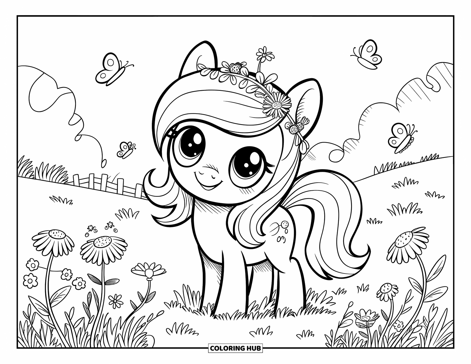 Horse Coloring Page for Adults: A pony with big eyes and a floral crown stands among wildflowers and butterflies