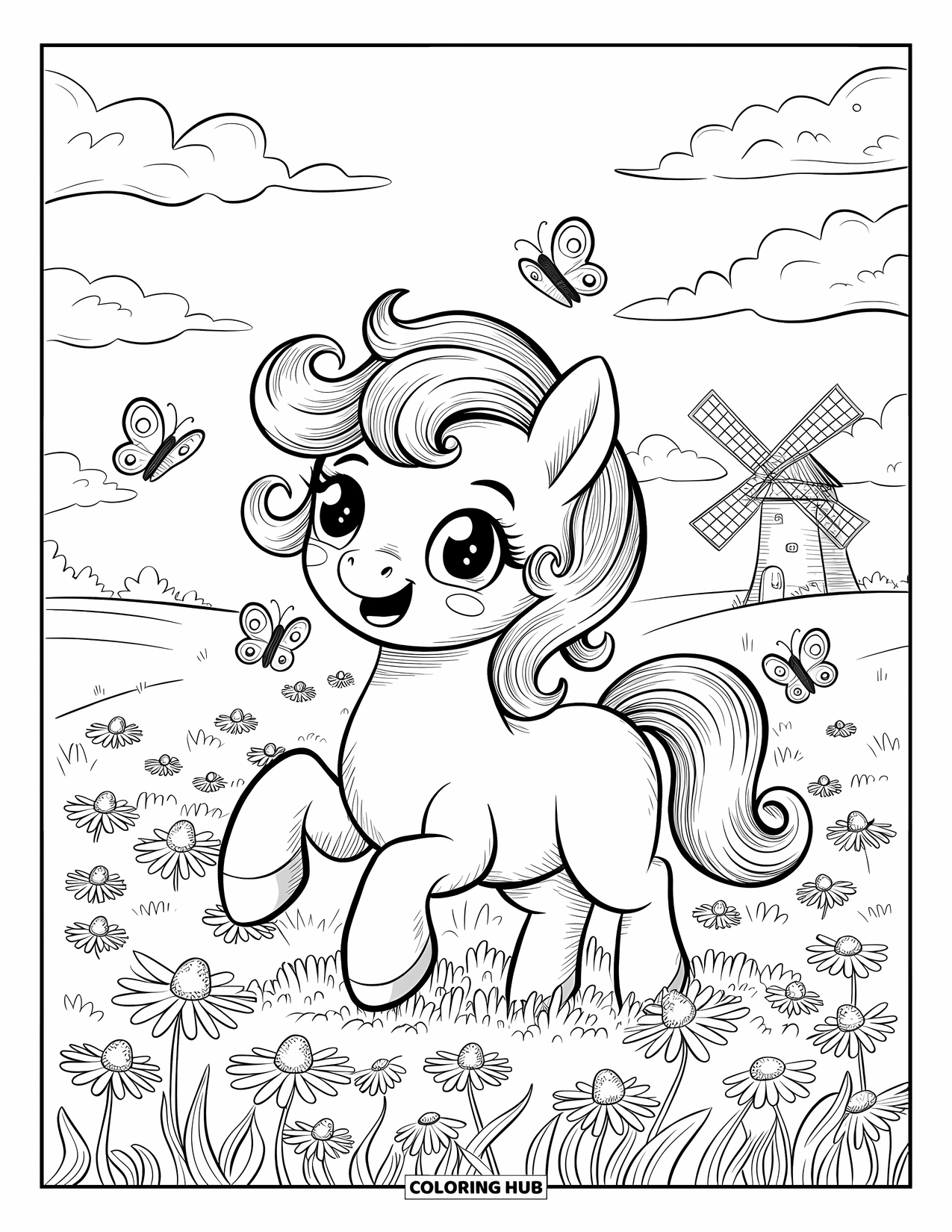 Horse Coloring Page for Adults: A pony with bouncy curls runs happily among daisies and butterflies
