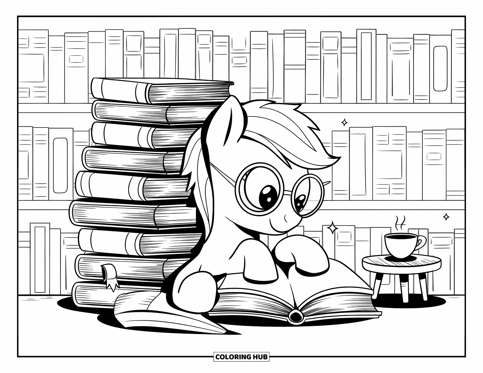 Horse Coloring Page for Adults: A pony with glasses reads a book beside a stack of books and a teacup