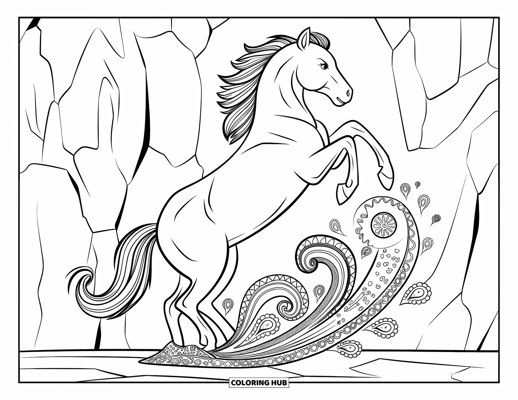 Horse Coloring Page for Adults: A rearing mustang with a paisley tail stands among rocks