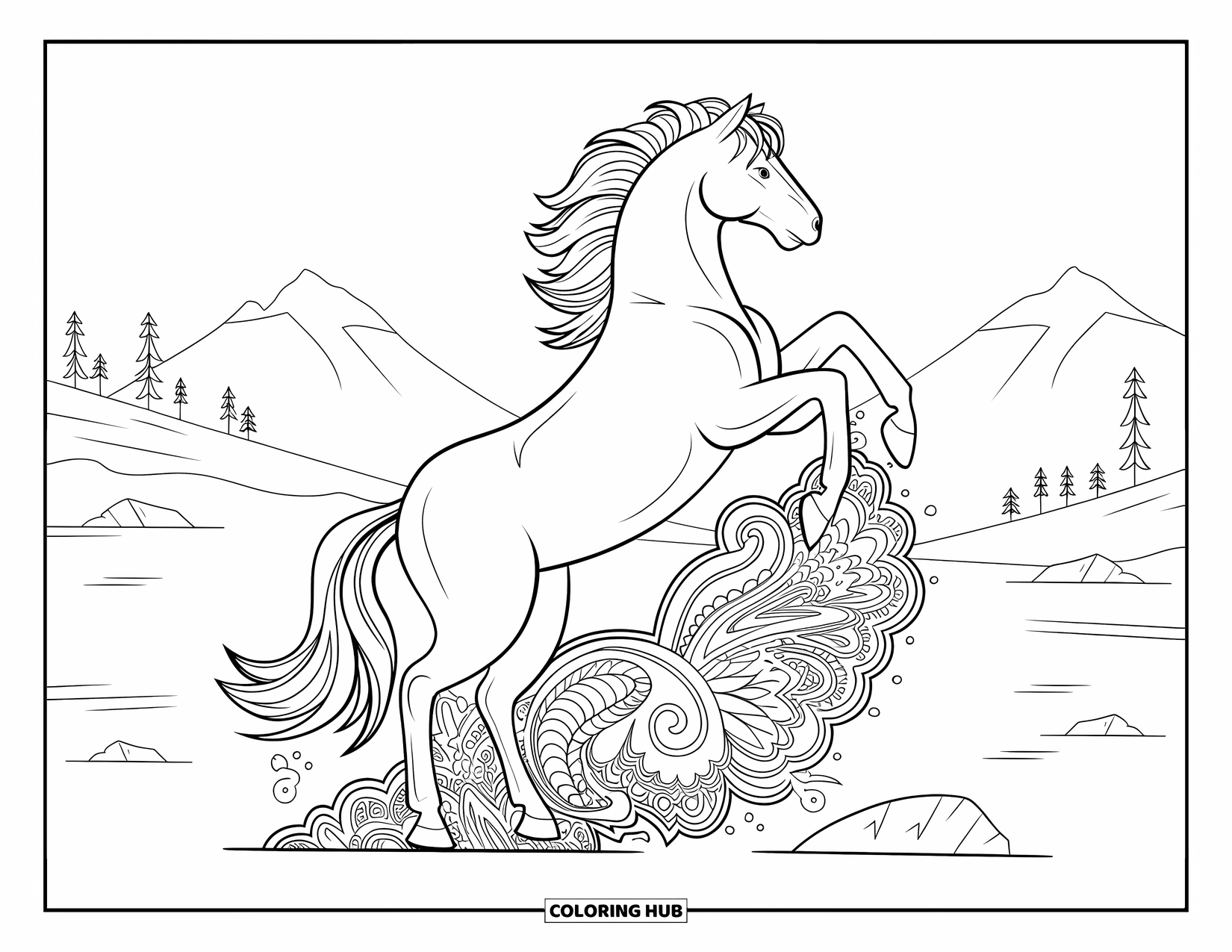 Horse Coloring Page for Adults: A rearing mustang with a paisley tail stands on rocky terrain