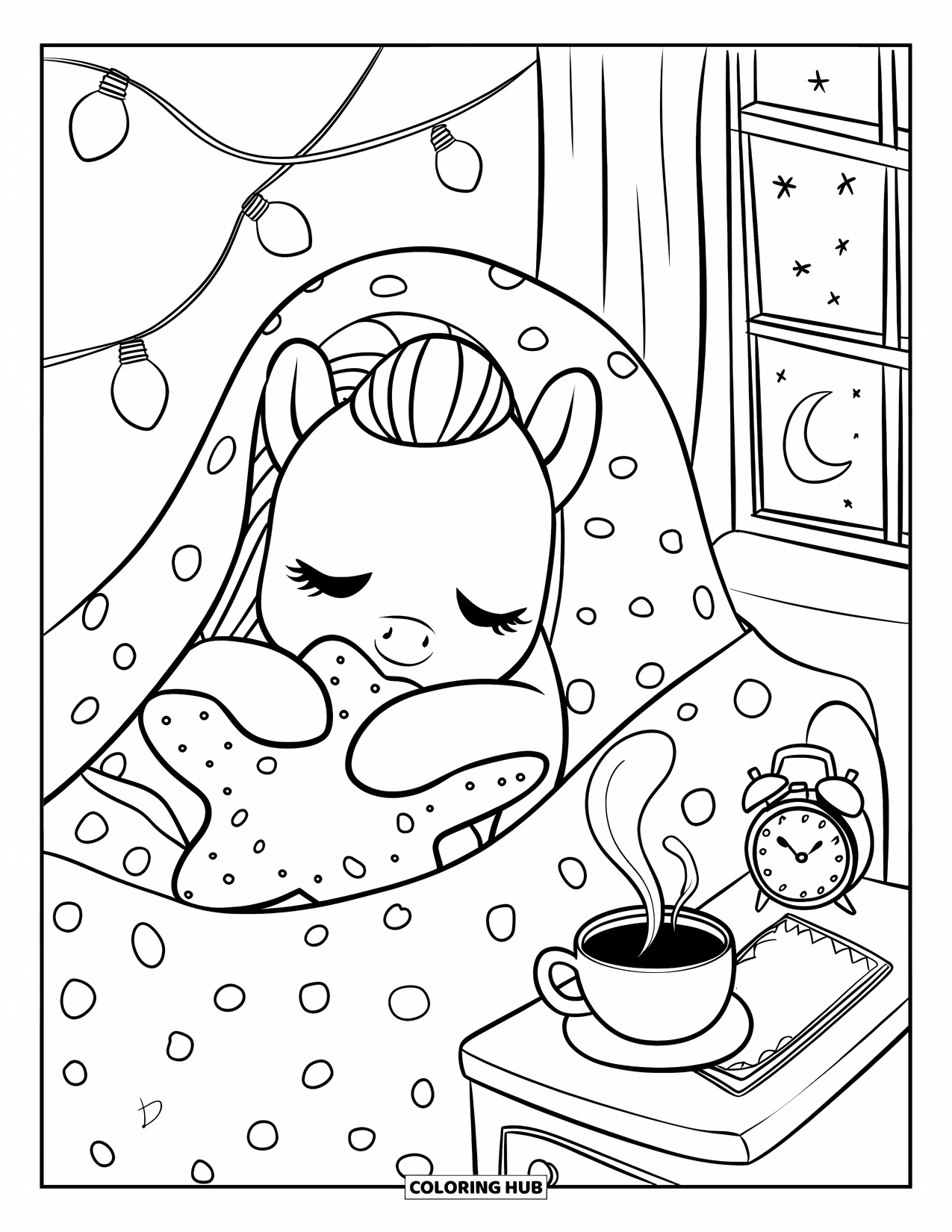 Horse Coloring Page for Adults: A sleepy pony cuddles a star pillow with cocoa and a storybook nearby