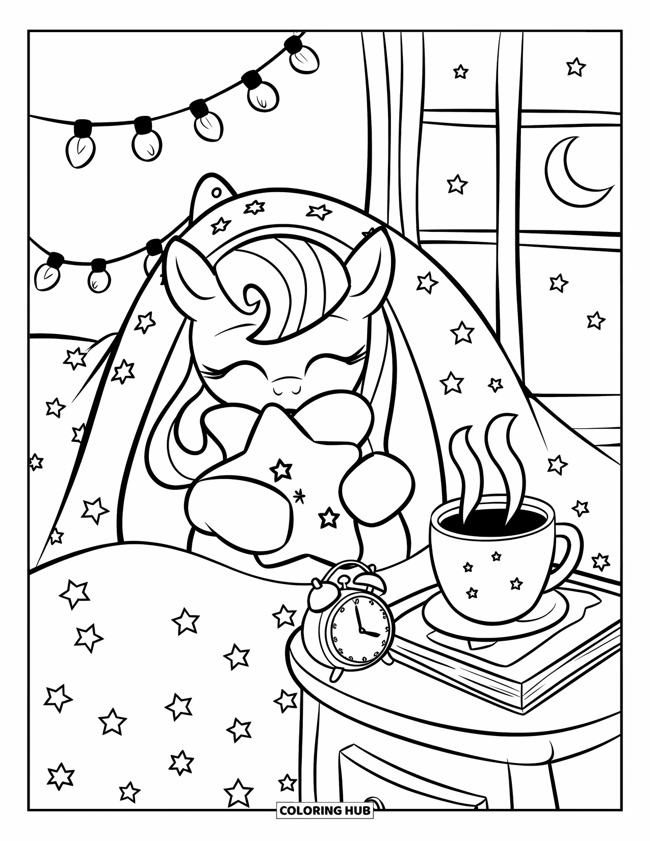 Horse Coloring Page for Adults: A sleepy pony hugs a star pillow under a polka-dot blanket