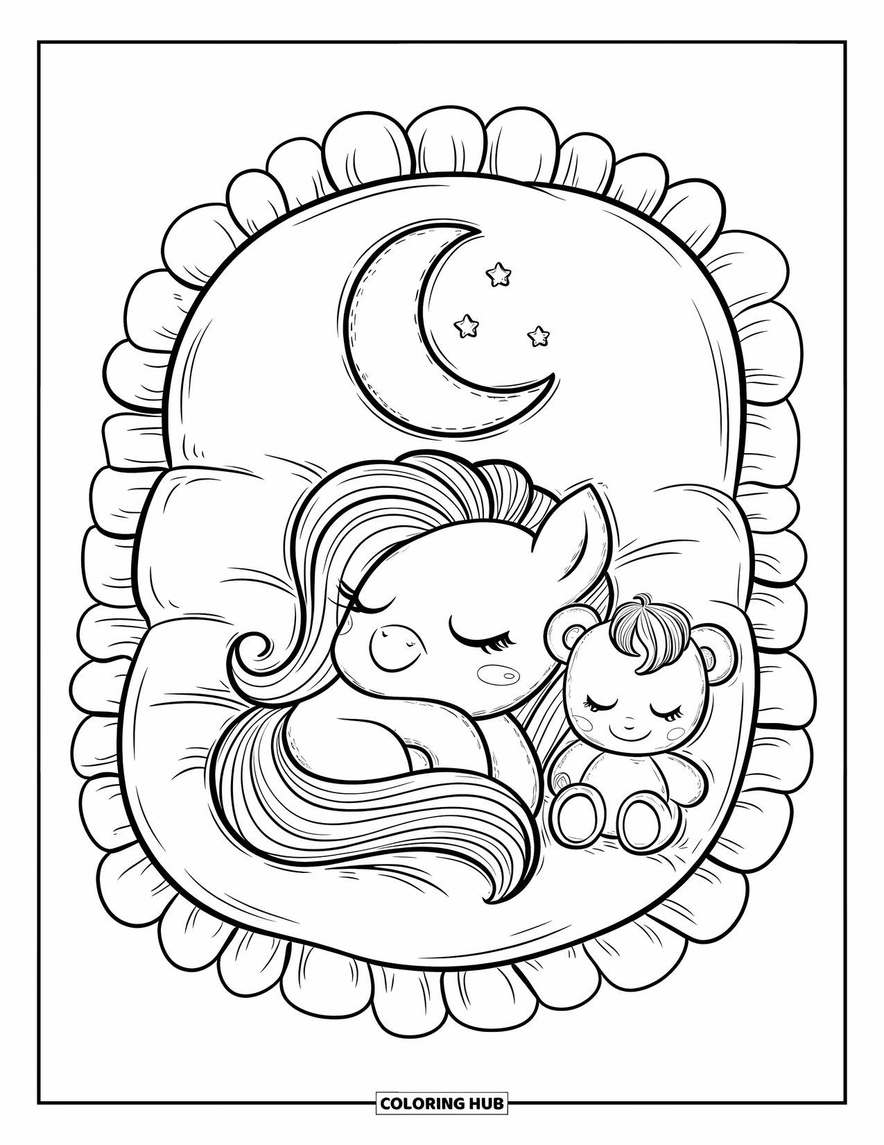 Horse Coloring Page for Adults: A sleepy pony rests on a pillow with a teddy and soft frills