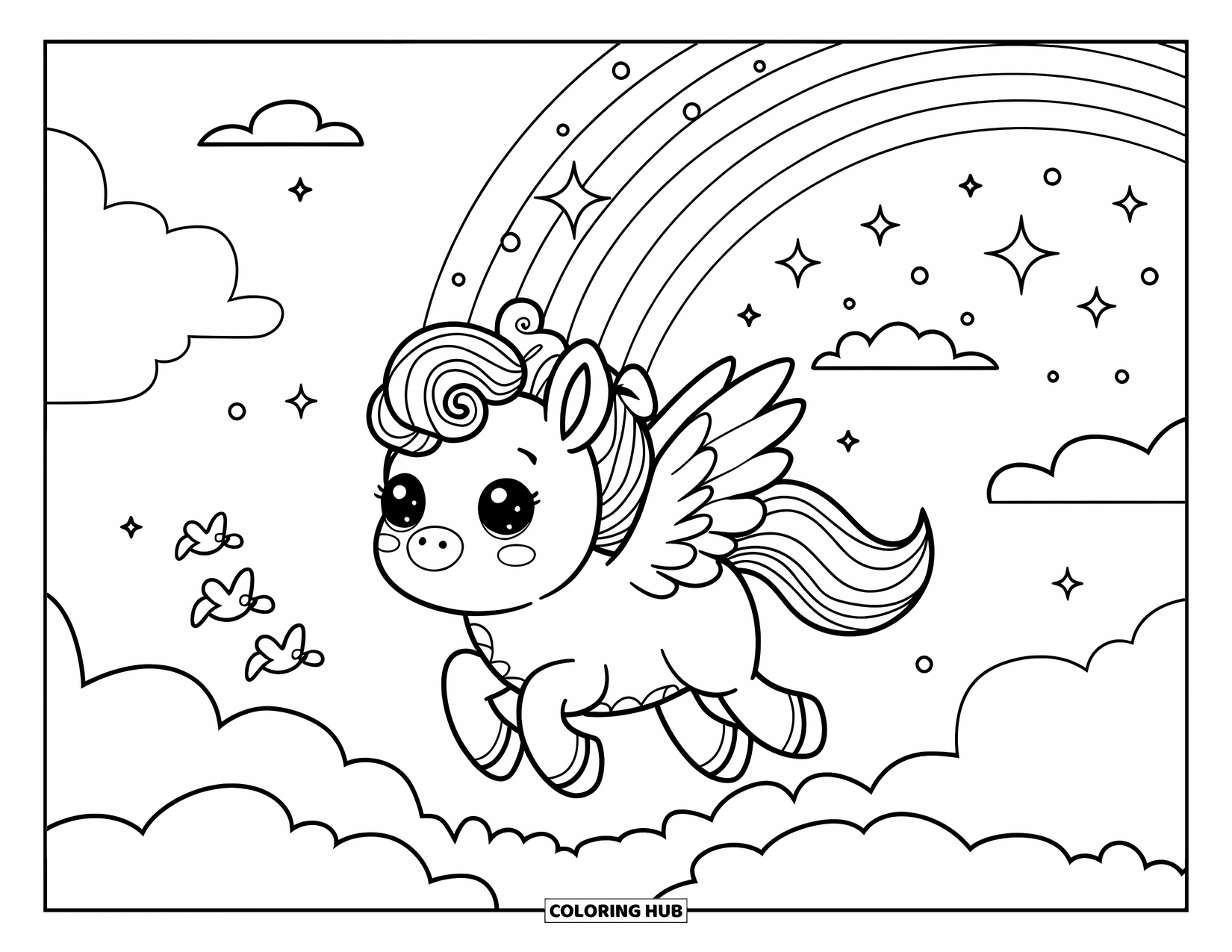 Horse Coloring Page for Adults: A tiny pegasus with short wings flies happily through clouds and stars
