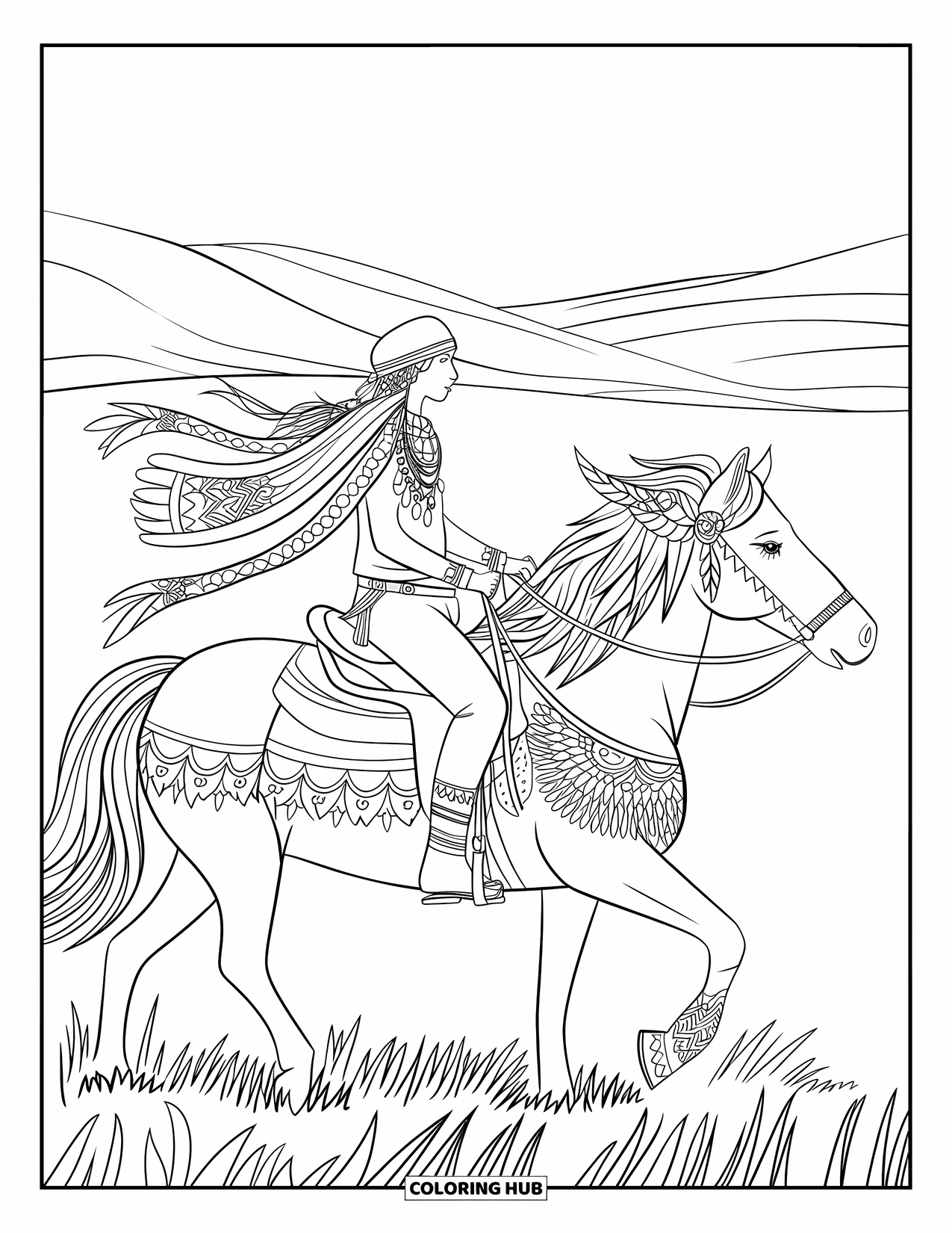 Horse Coloring Page for Adults: A traveler with scarves and jewelry rides a horse with feathers in its mane