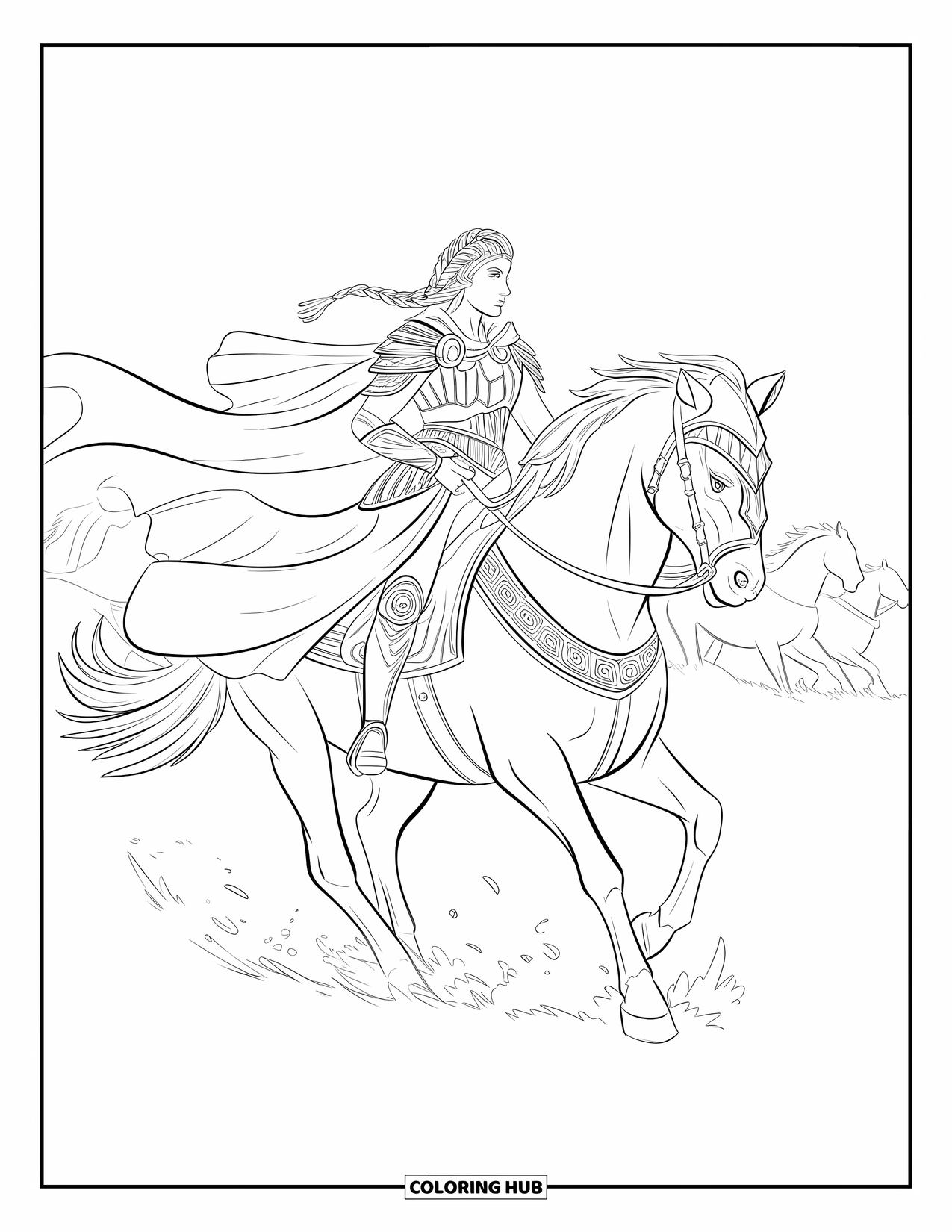 Horse Coloring Page for Adults: A warrior queen in armor leads her horse through a battlefield with fog