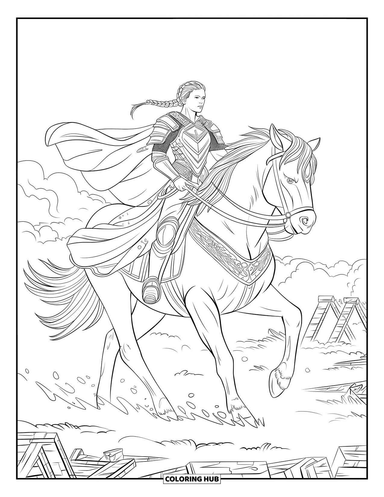 Horse Coloring Page for Adults: A warrior queen rides a stallion through a battlefield with ruined structures