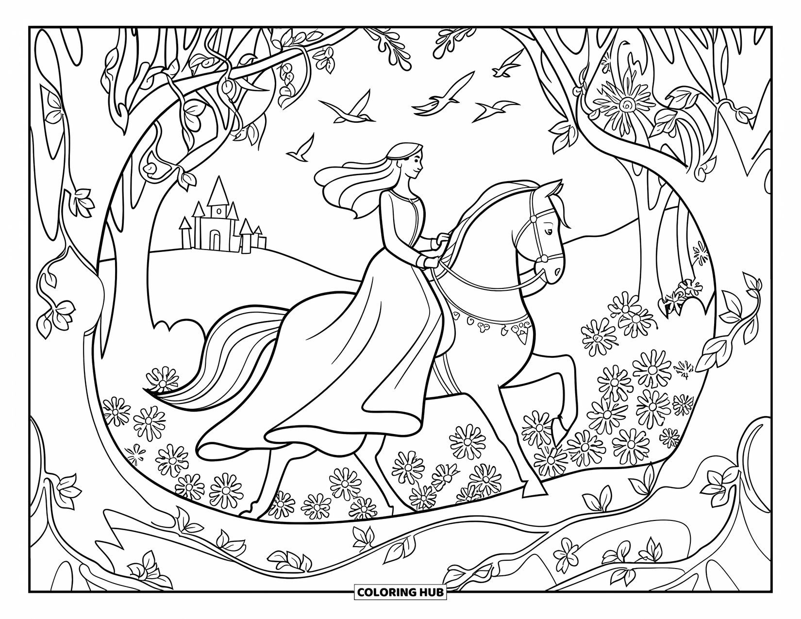 Horse Coloring Page for Adults: A woman in a gown rides a horse through a forest with a castle in the distance
