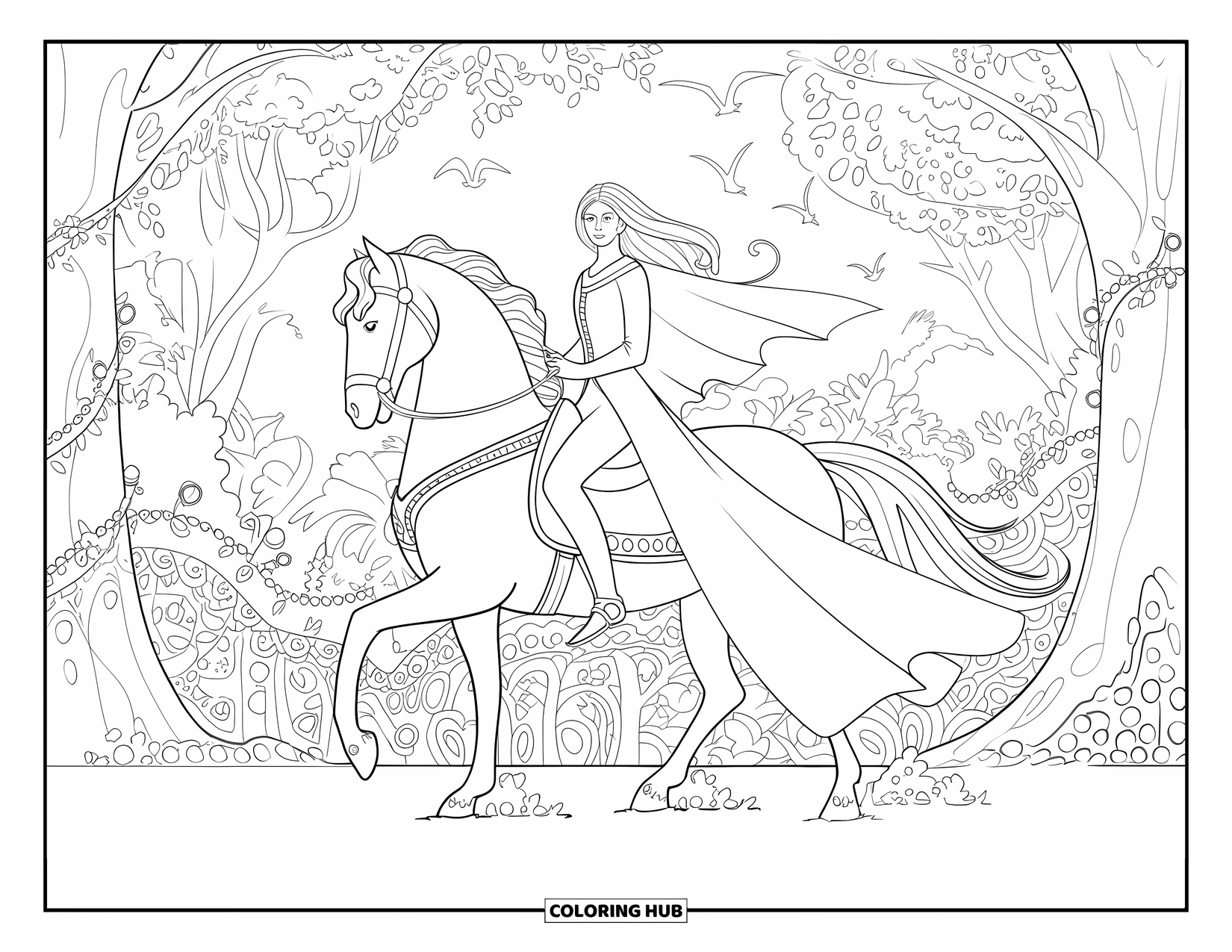 Horse Coloring Page for Adults: A woman in a medieval gown rides a horse through a forest with vines and birds