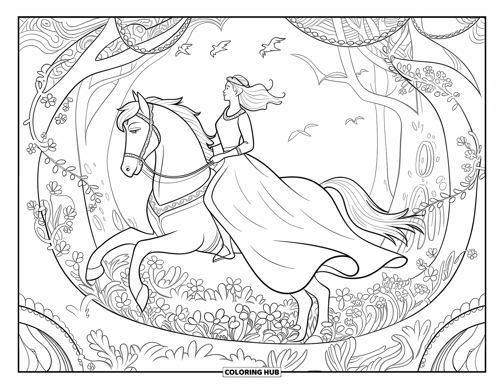 Horse Coloring Page for Adults: A woman in a medieval gown rides a horse through an enchanted forest
