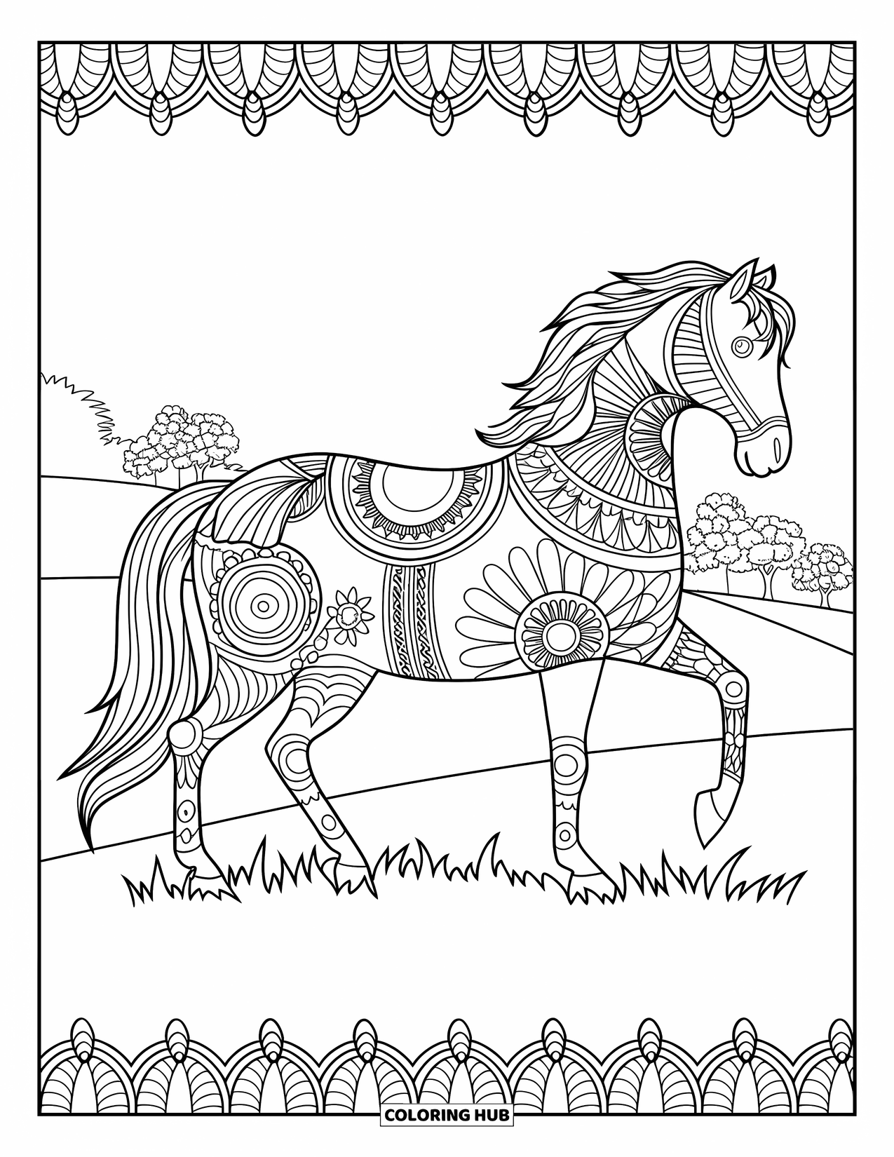 Horse Coloring Page for Adults: A Zentangle horse stands on grass with a decorative border around the image