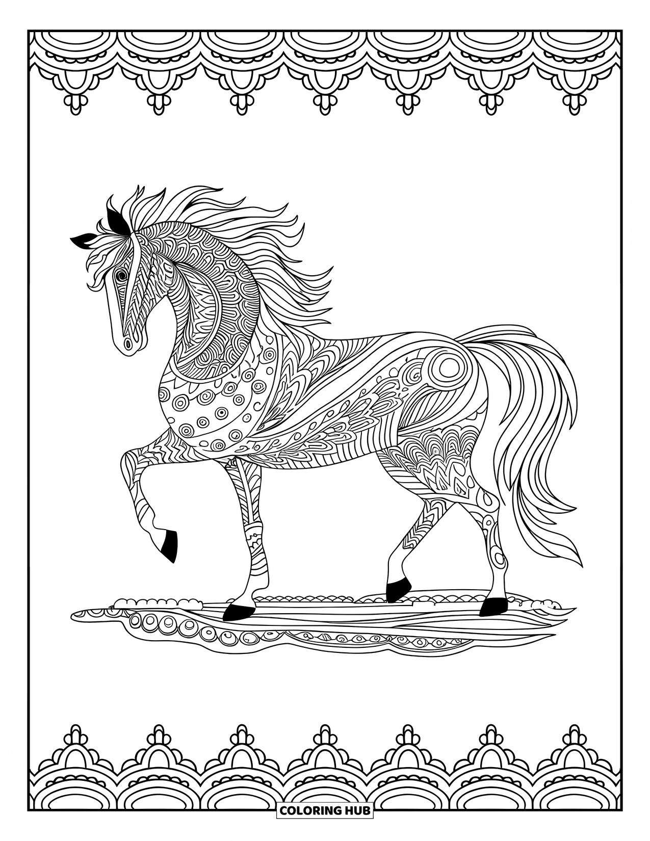 Horse Coloring Page for Adults: A Zentangle-inspired horse stands on a patterned ground with a decorative border