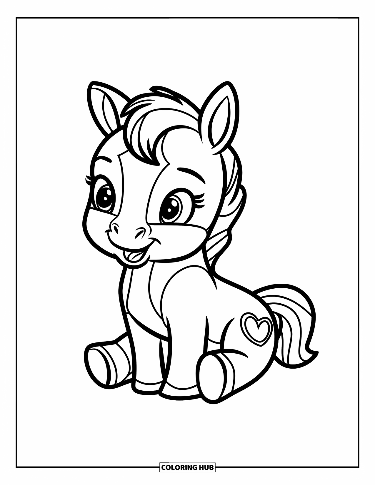 Horse Coloring Page for Kids: A baby horse with a heart patch sits cheerfully on the ground