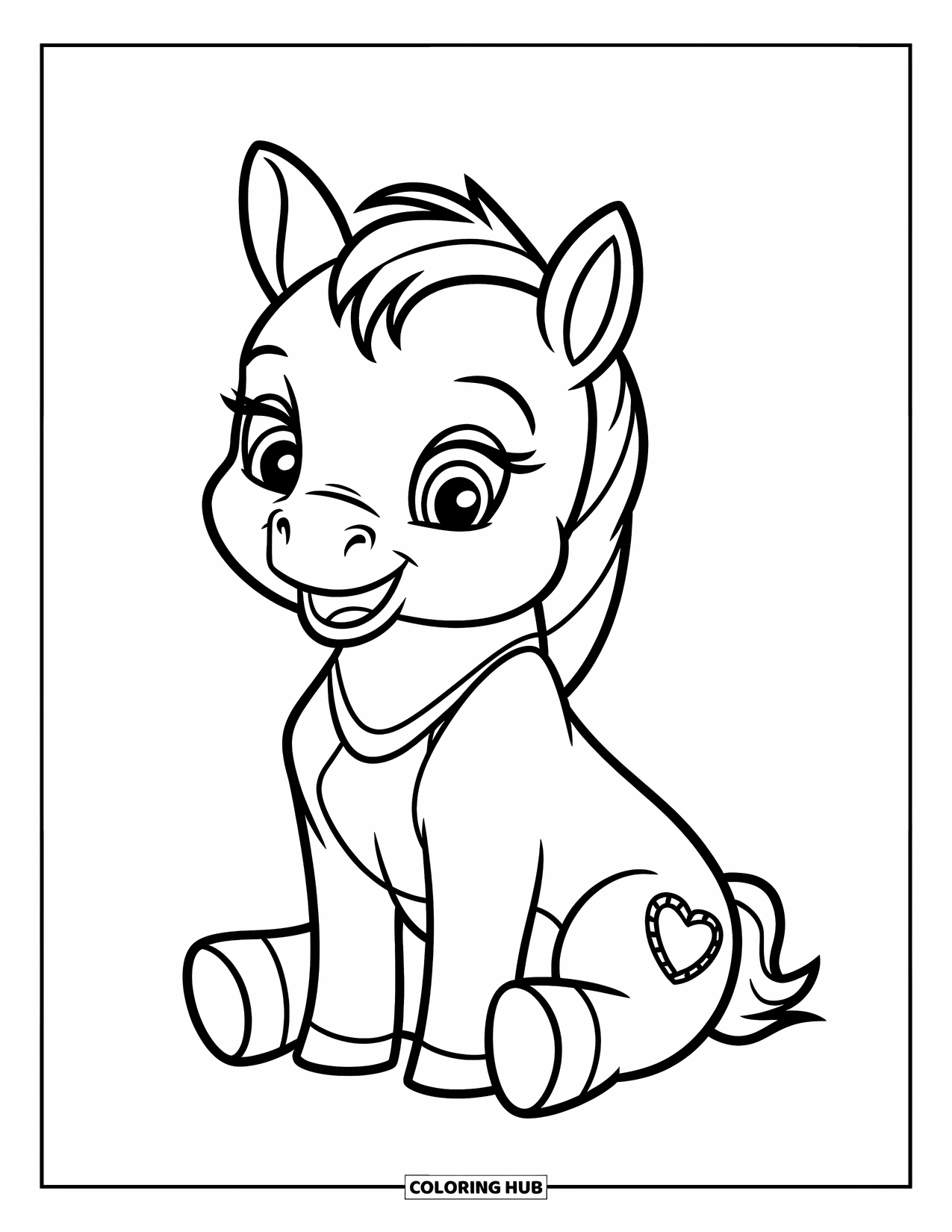 Horse Coloring Page for Kids: A baby horse with a heart patch sits down happily
