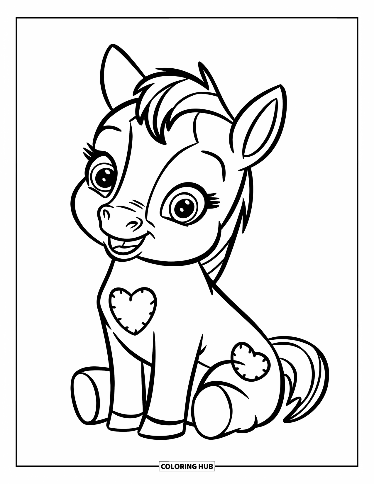 Horse Coloring Page for Kids: A baby horse with a heart patch sits happily with big, round eyes
