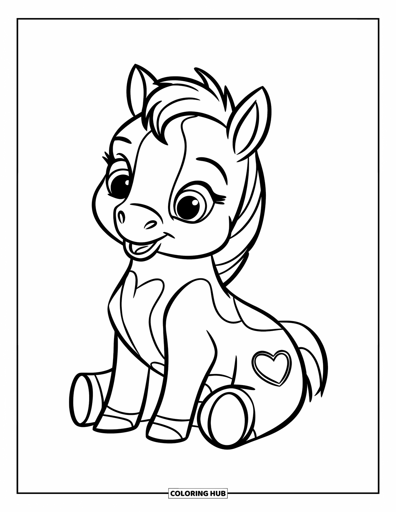 Horse Coloring Page for Kids: A baby horse with a heart-shaped patch sits cheerfully with big eyes