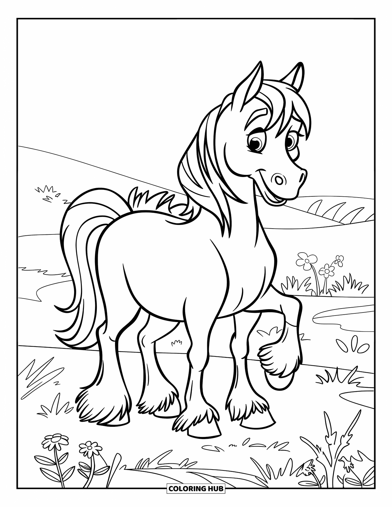 Horse Coloring Page for Kids: A baby horse with big eyes and a heart patch sits happily