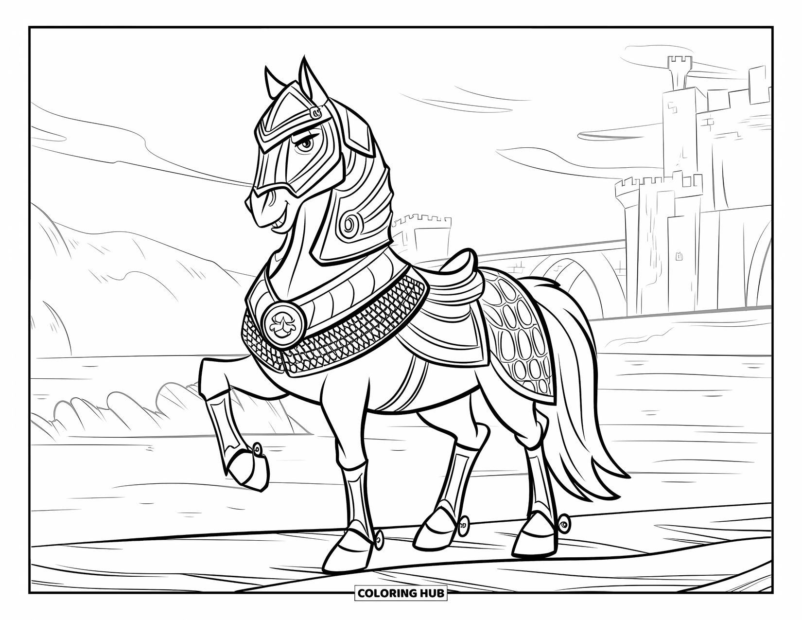 Horse Coloring Page for Kids: A battle-armored horse stands proudly in front of a castle and bridge