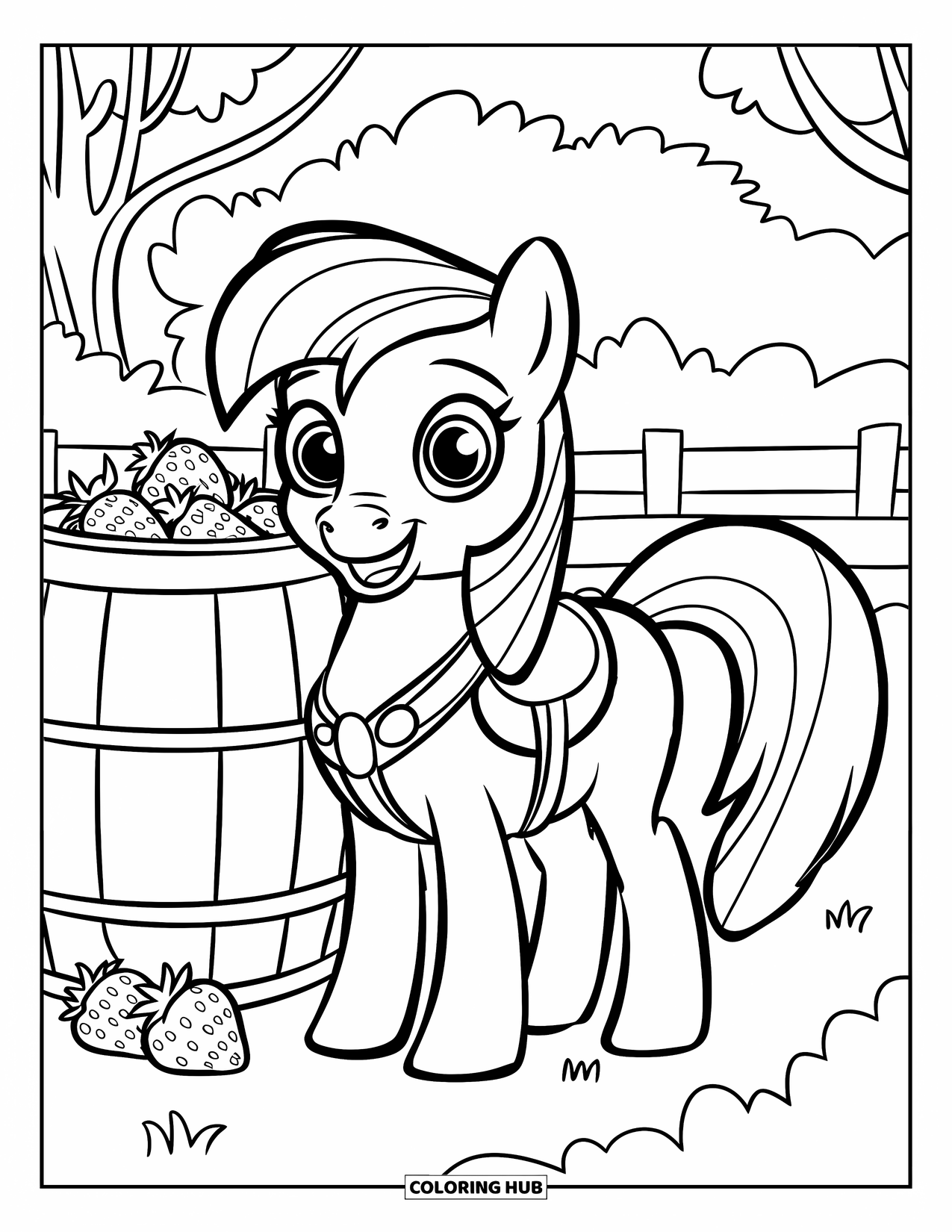 Horse Coloring Page for Kids: A cartoon horse with big hooves stands cheerfully on a grassy field