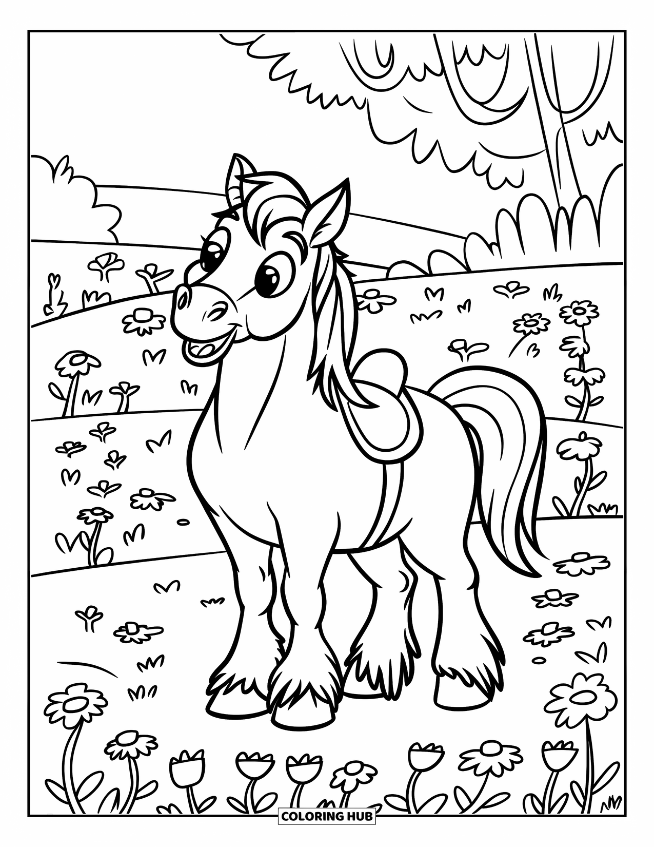 Horse Coloring Page for Kids: A cheerful baby horse with a heart patch sits on the ground