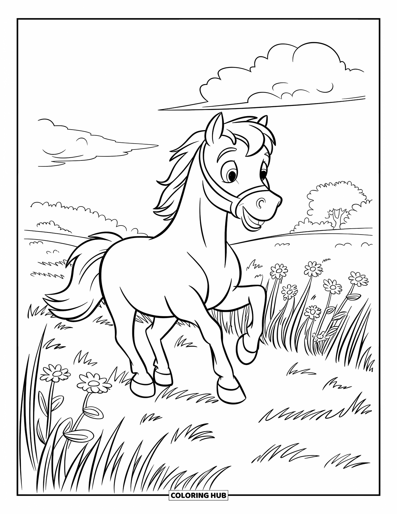 Horse Coloring Page for Kids: A cheerful horse runs happily through a grassy meadow