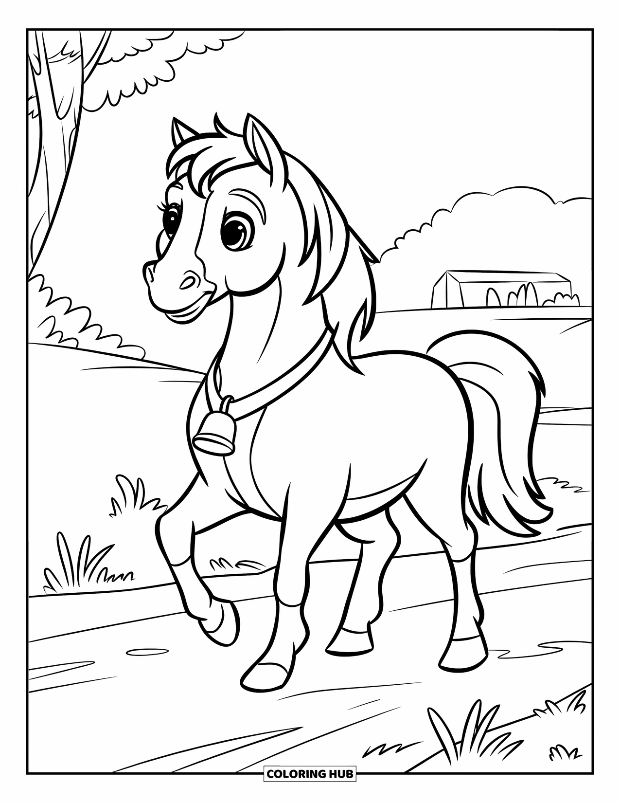 Horse Coloring Page for Kids: A cheerful horse trots along a dirt path with trees nearby