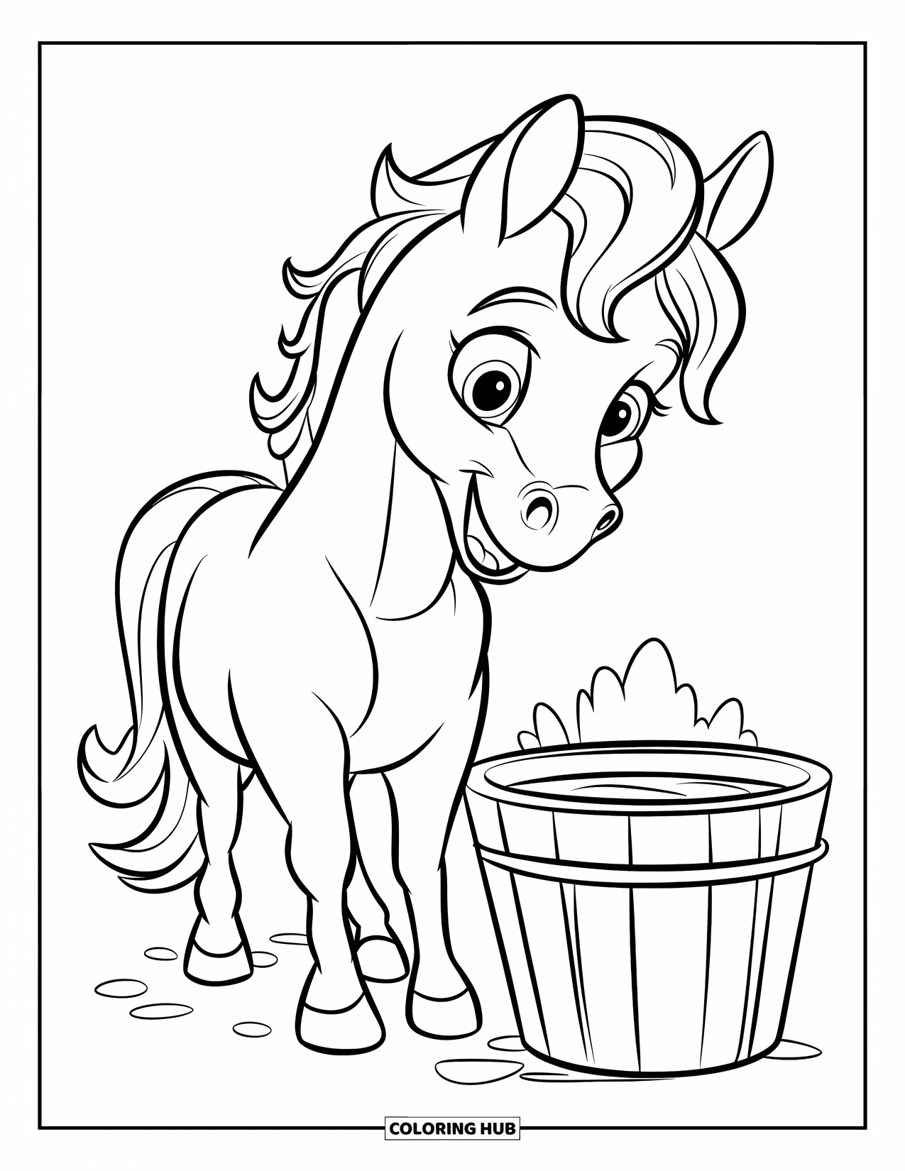 Horse Coloring Page for Kids: A cheerful horse with curly mane stands near a bucket of water