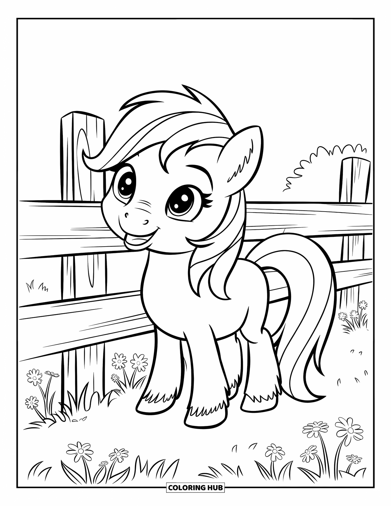 Horse Coloring Page for Kids: A cheerful pony with short legs stands happily by a fence