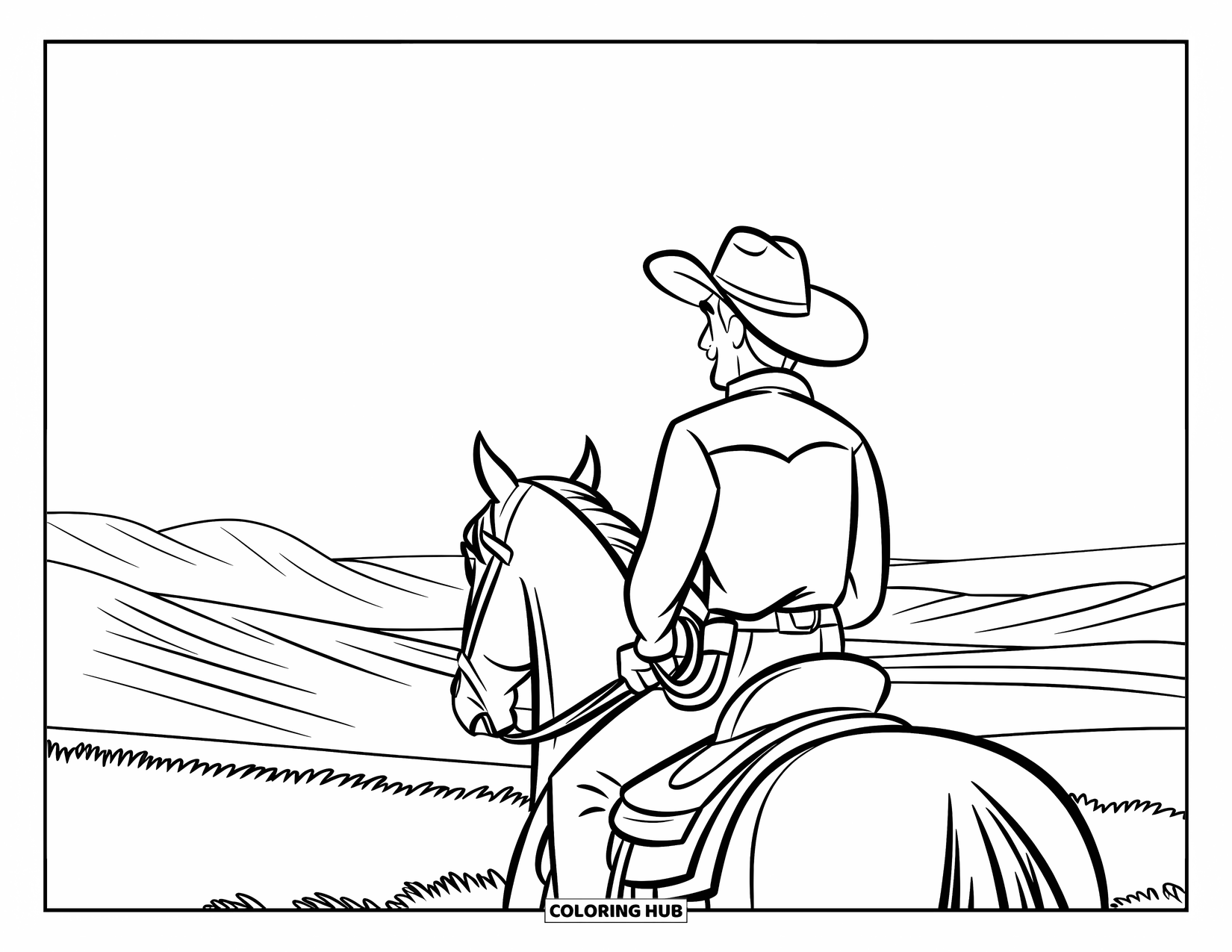 Horse Coloring Page for Kids: A cowboy on his horse gazes at rolling hills in the distance