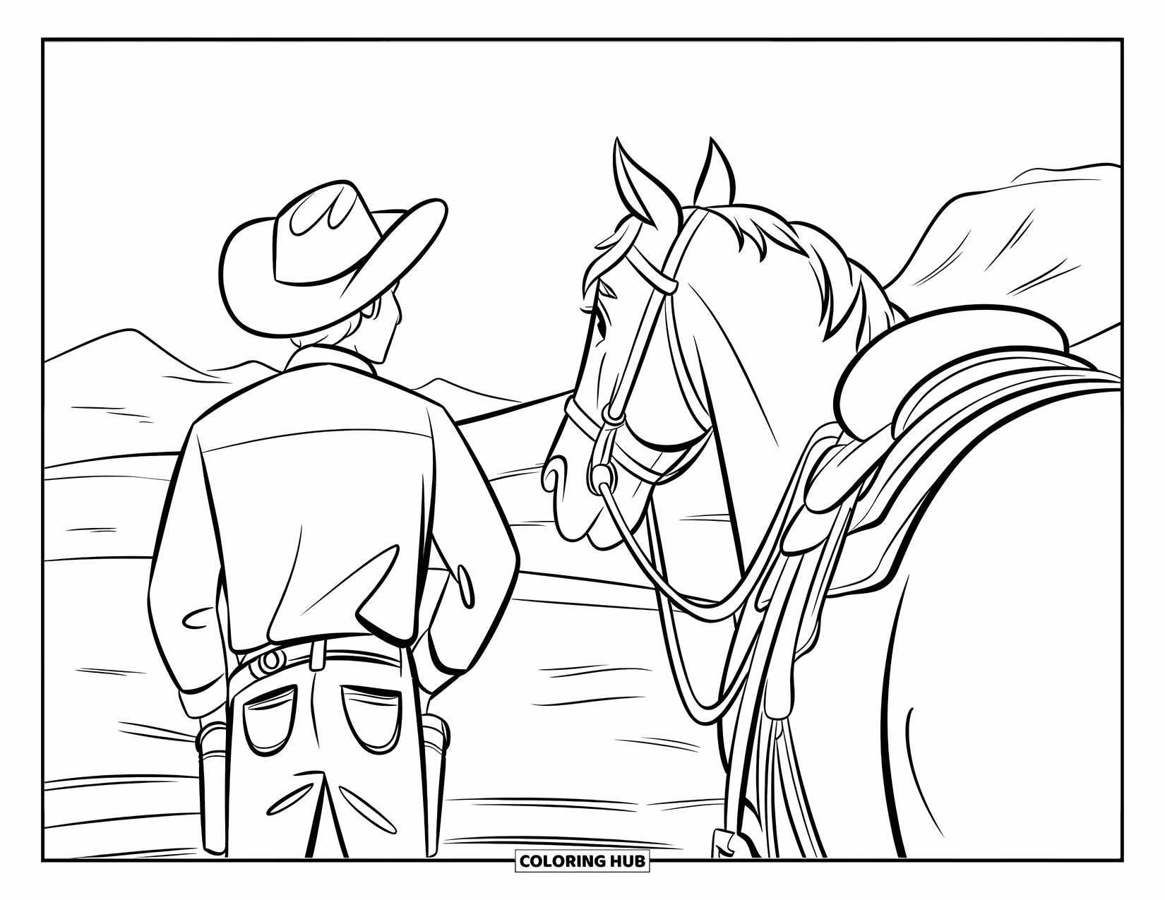 Horse Coloring Page for Kids: A cowboy on horseback looks out at mountains and open plains