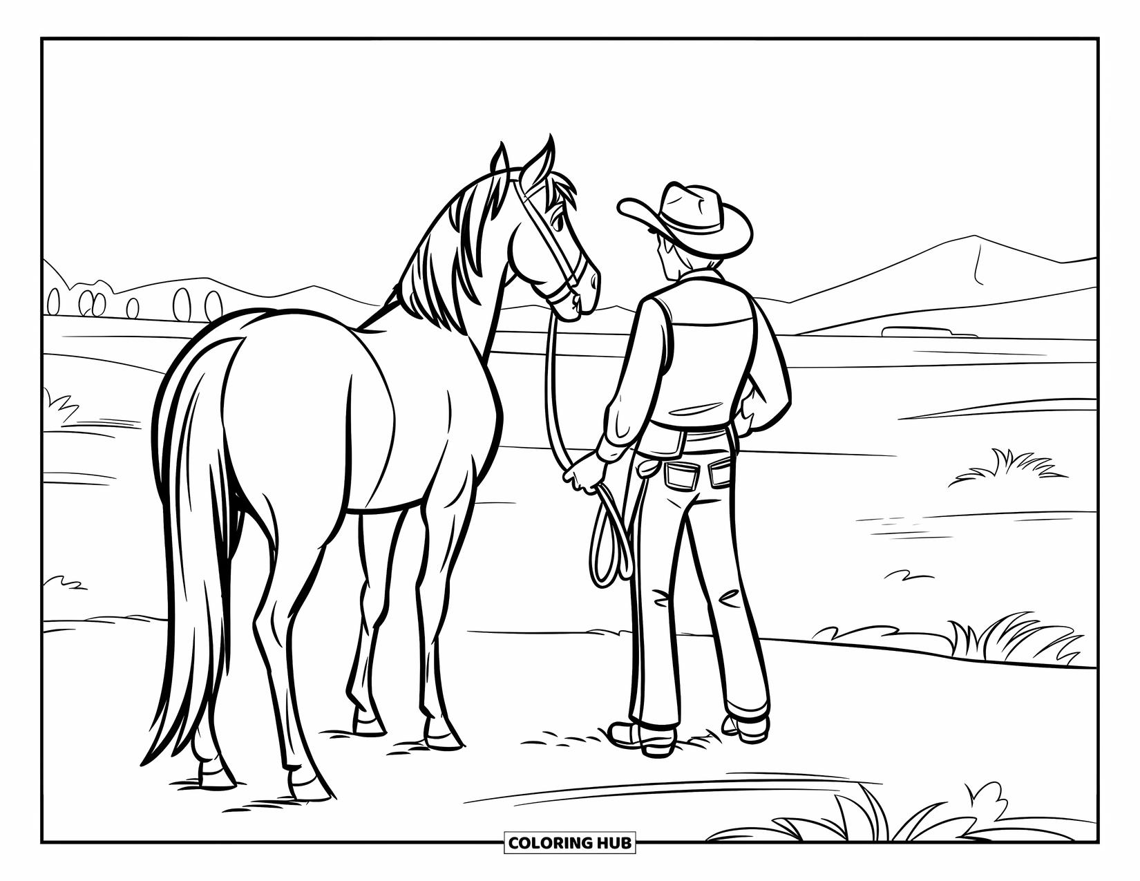 Horse Coloring Page for Kids: A cowboy with his horse stands on the plains, gazing at distant mountains