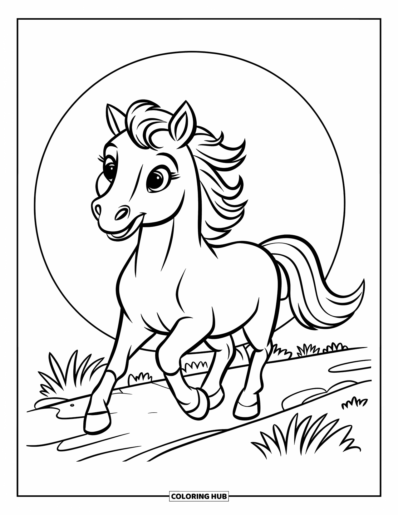 Horse Coloring Page for Kids: A cute horse trots down a path surrounded by trees and hills