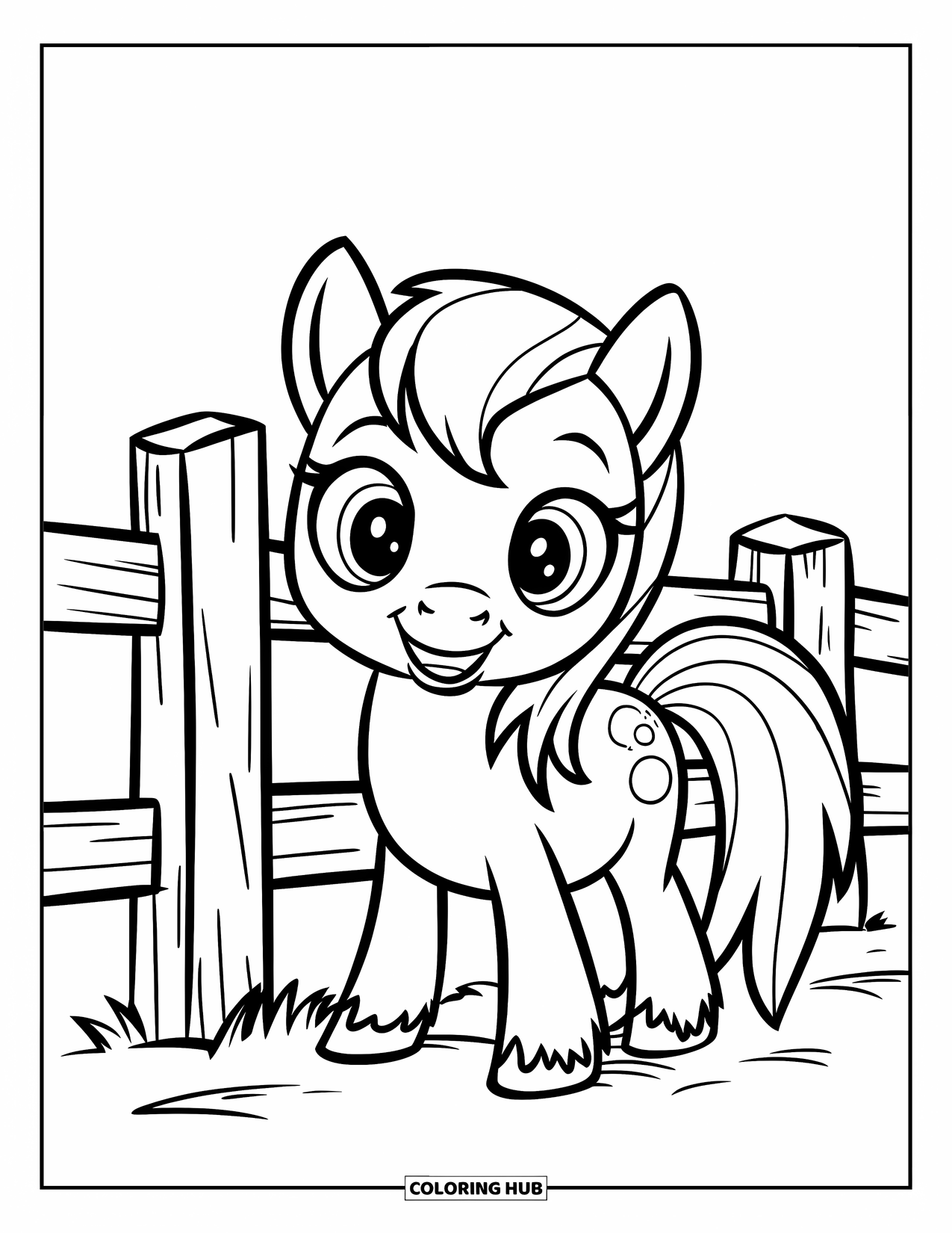 Horse Coloring Page for Kids: A cute pony with short legs smiles beside a wooden fence