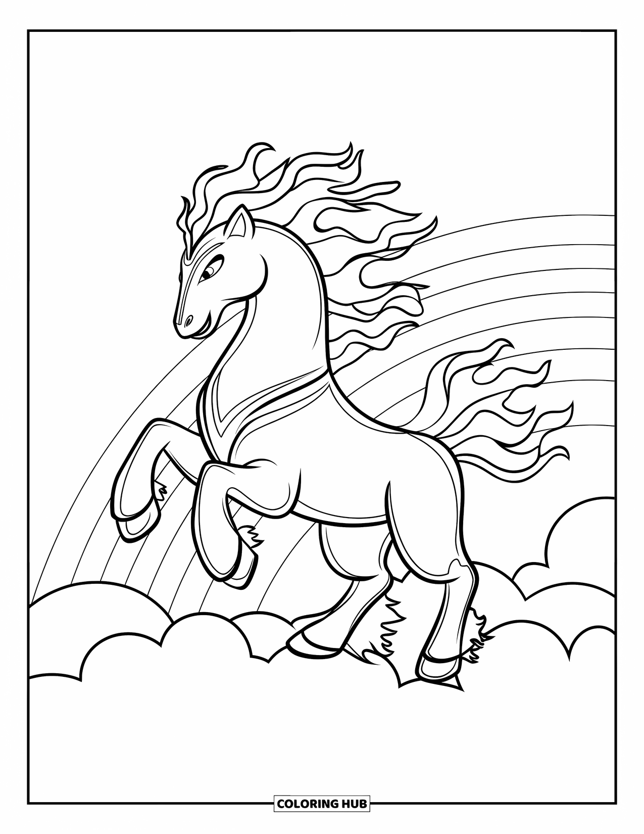 Horse Coloring Page for Kids: A fiery horse with a lion's head stands boldly on a cloud