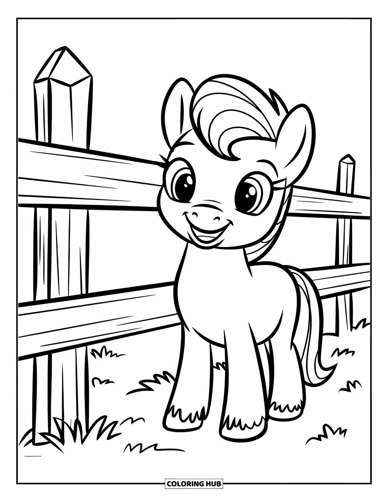 Horse Coloring Page for Kids: A fluffy-maned pony smiles beside a wooden fence in a meadow