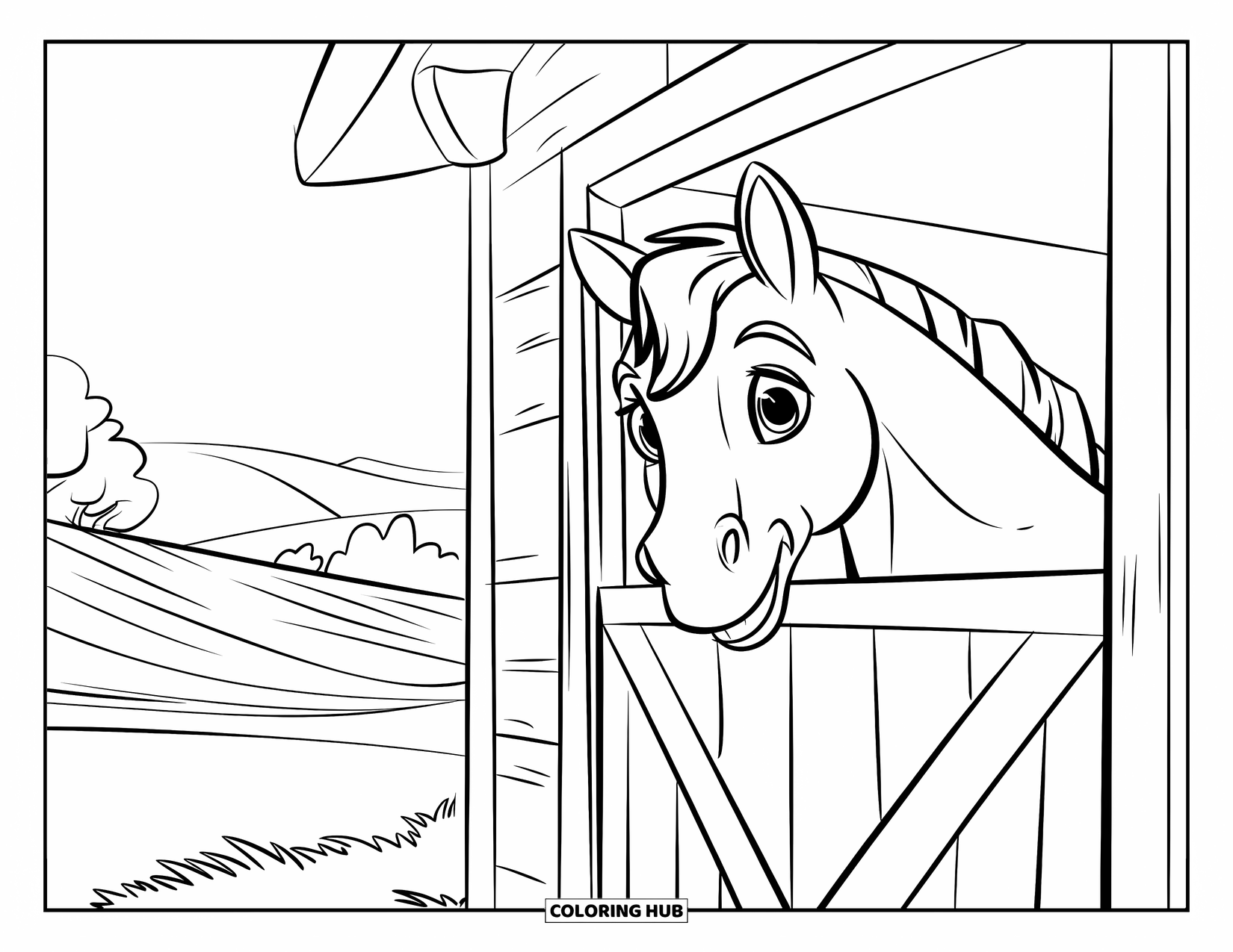 Horse Coloring Page for Kids: A foal gazes up at a bigger horse in a grassy field
