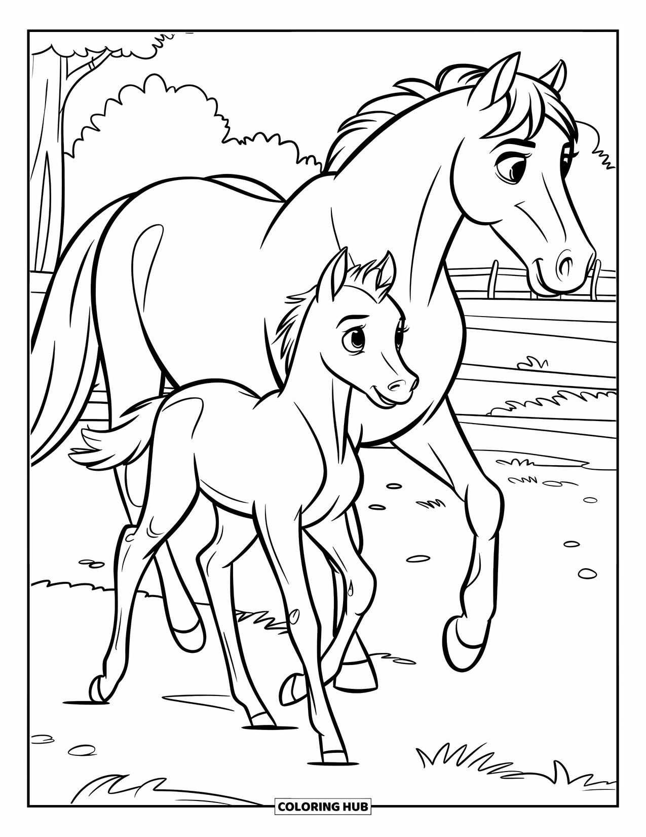 Horse Coloring Page for Kids: A foal trots happily behind its mother in a peaceful pasture