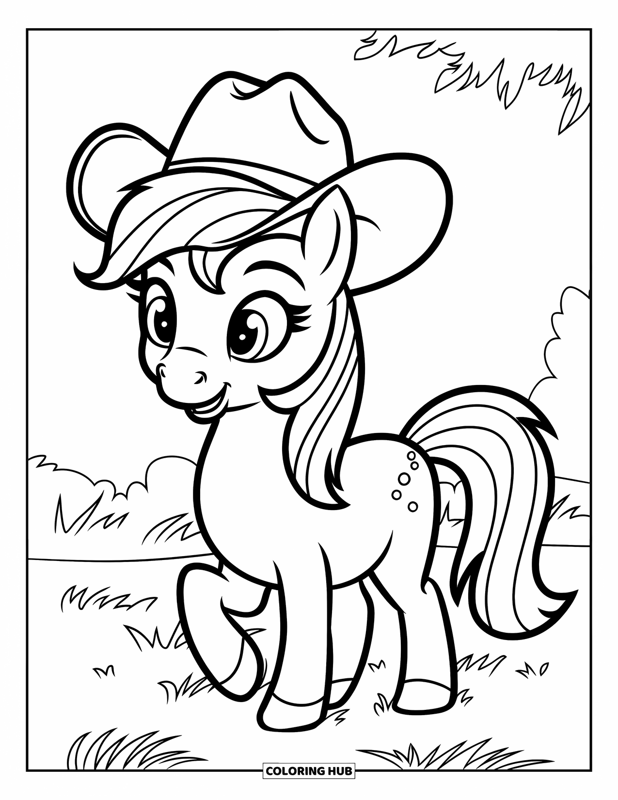 Horse Coloring Page for Kids: A friendly pony with a cowboy hat stands in a field of flowers