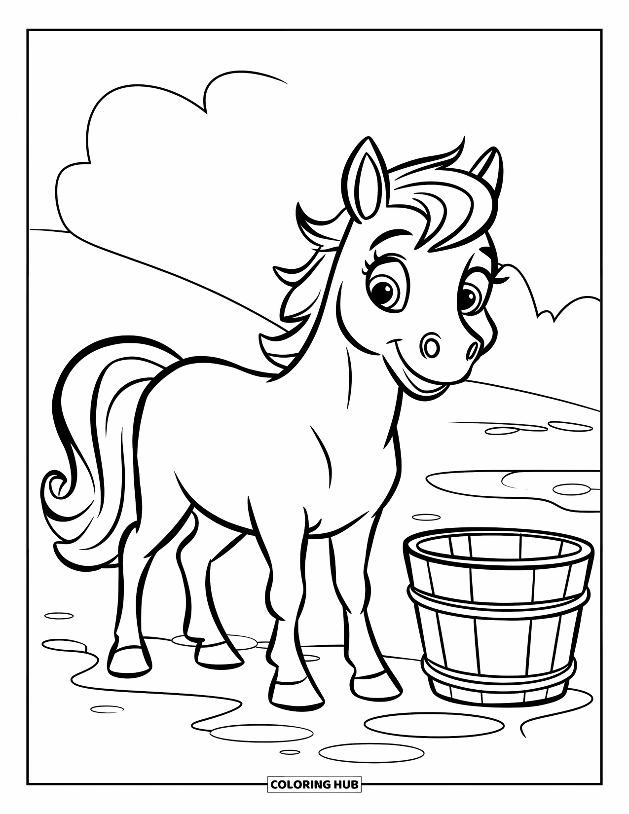 Horse Coloring Page for Kids: A happy horse with adorable eyes stands by a water bucket