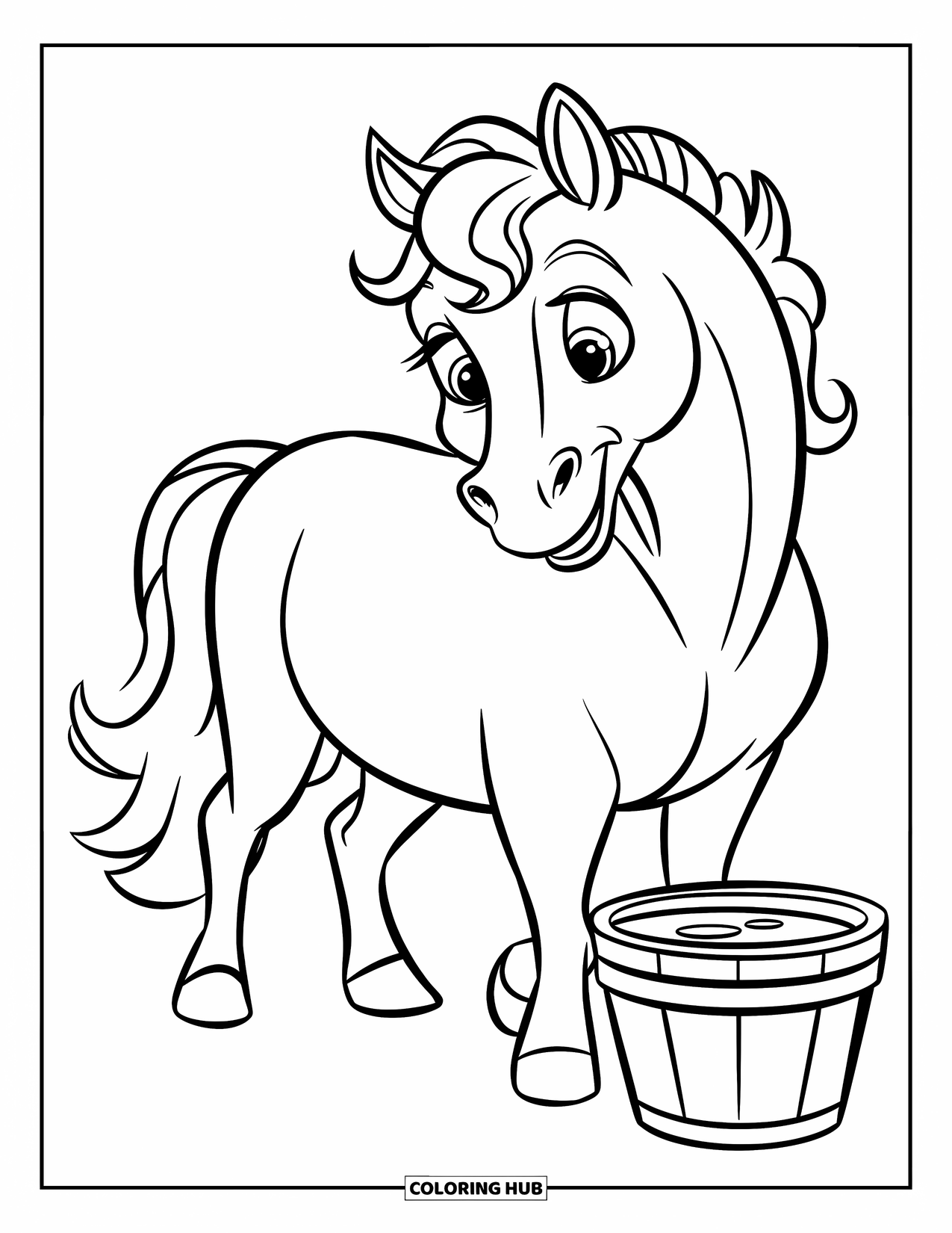 Horse Coloring Page for Kids: A happy horse with curly mane stands by a bucket of water