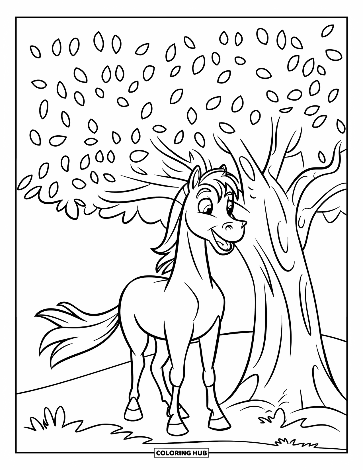 Horse Coloring Page for Kids: A happy pony stands with a butterfly on its nose in a field