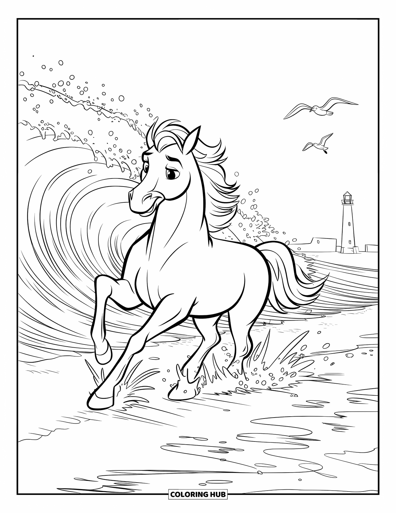 Horse Coloring Page for Kids: A horse charges through waves on a beach, water splashing high