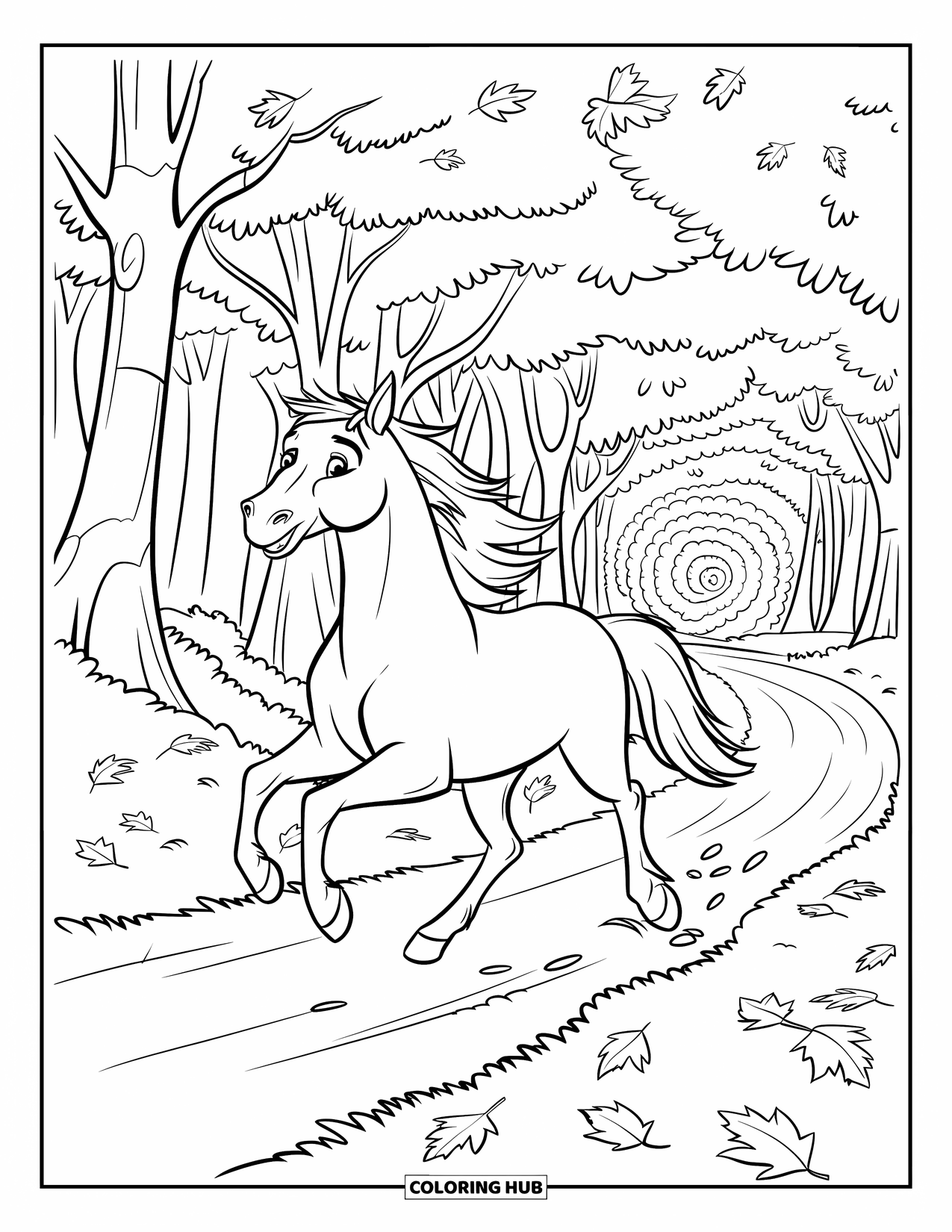 Horse Coloring Page for Kids: A horse dashes through a forest path, surrounded by falling autumn leaves