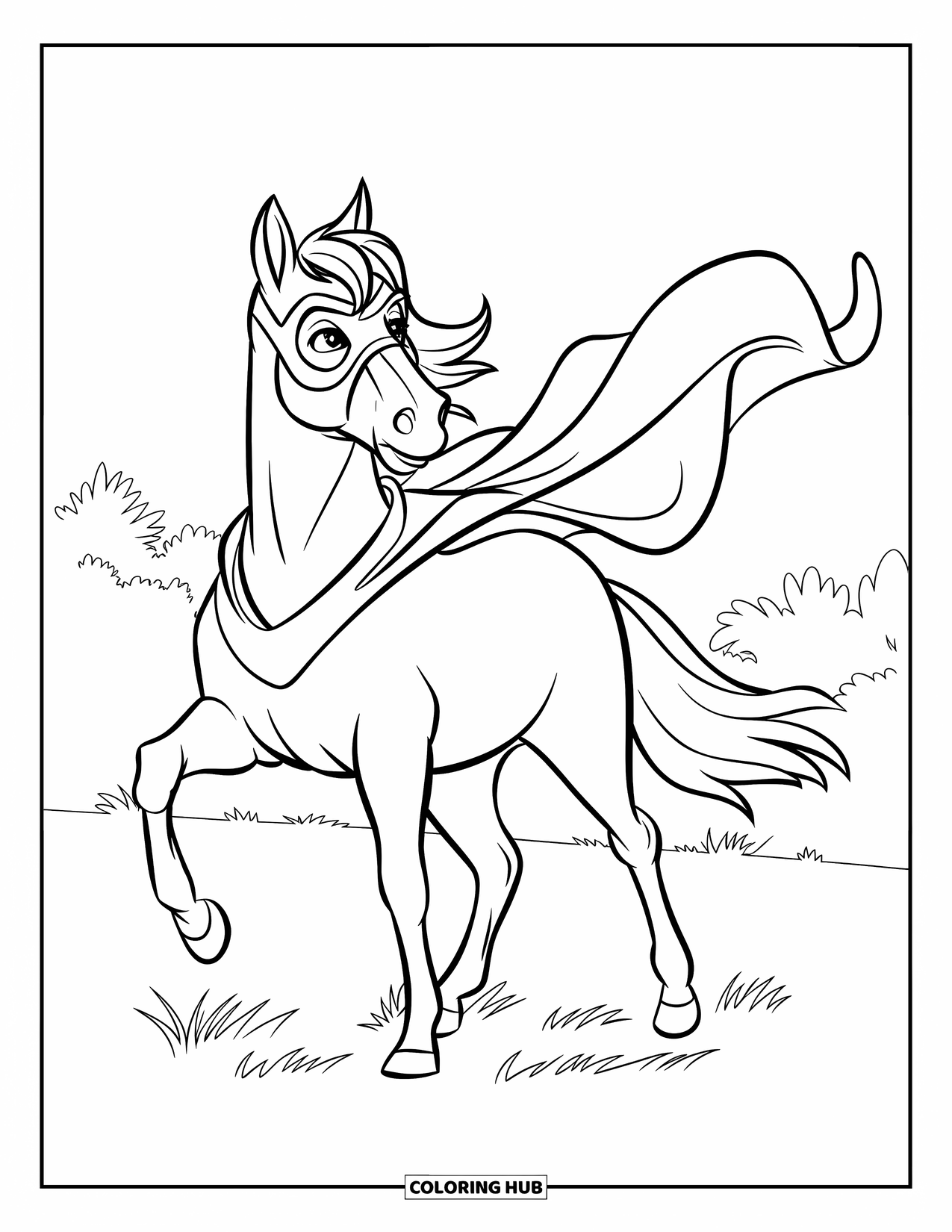 Horse Coloring Page for Kids: A horse dressed as a superhero stands heroically with a cape