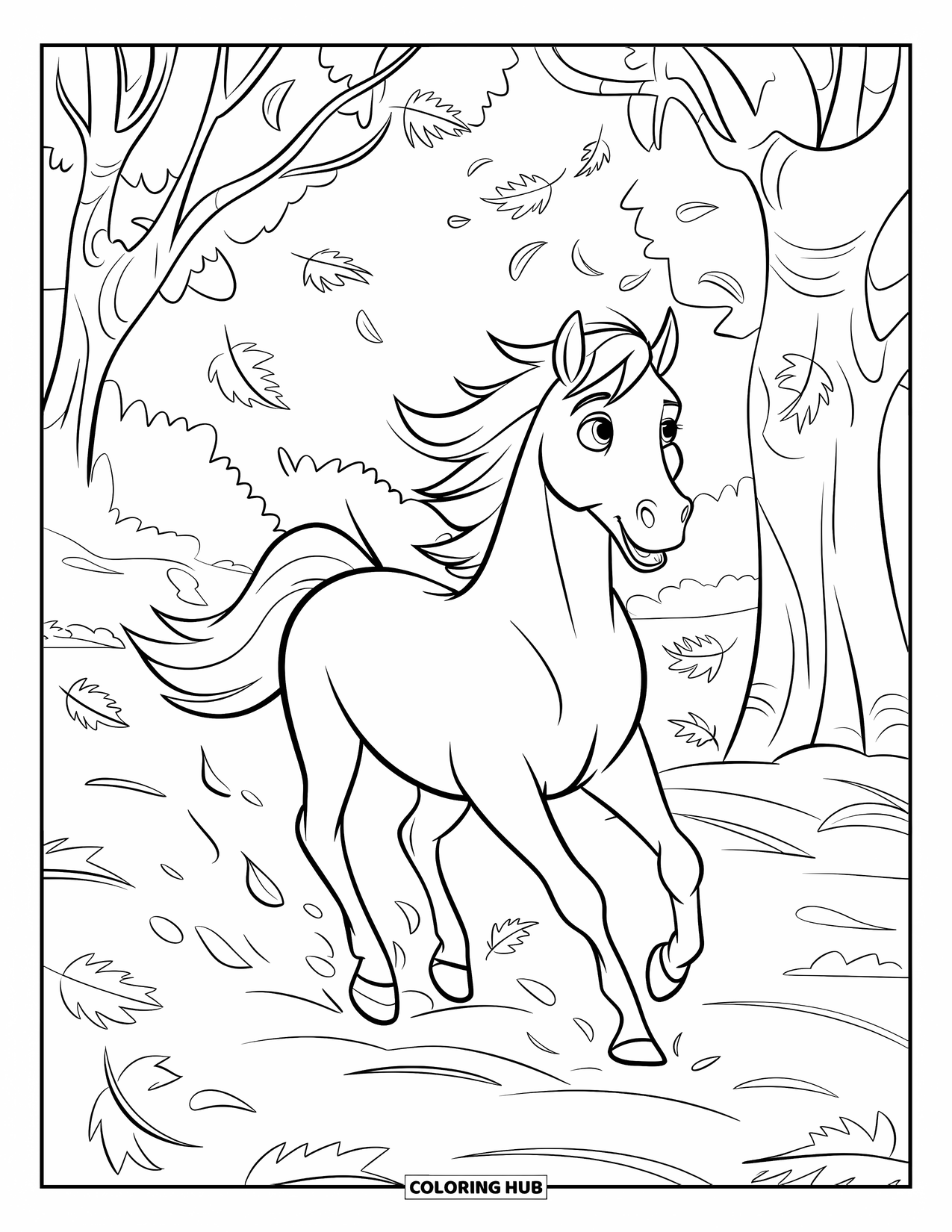 Horse Coloring Page for Kids: A horse gallops through an autumn forest with leaves flying in the wind