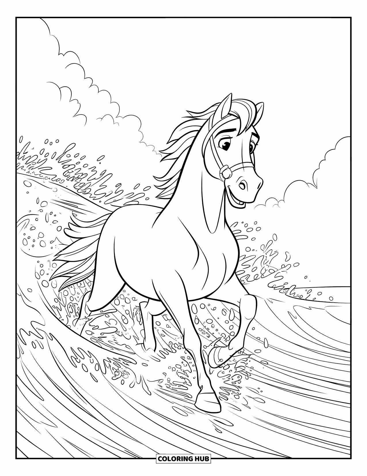 Horse Coloring Page for Kids: A horse gallops through crashing waves along a rocky shoreline