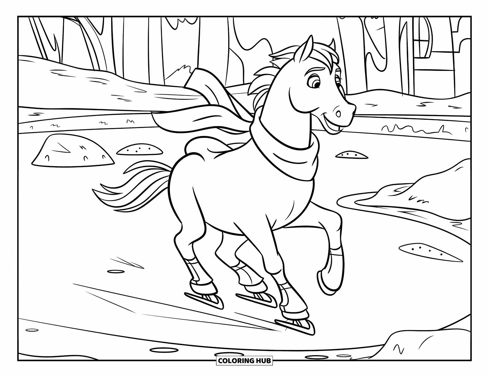 Horse Coloring Page for Kids: A horse in a scarf glides on ice, surrounded by snowy trees
