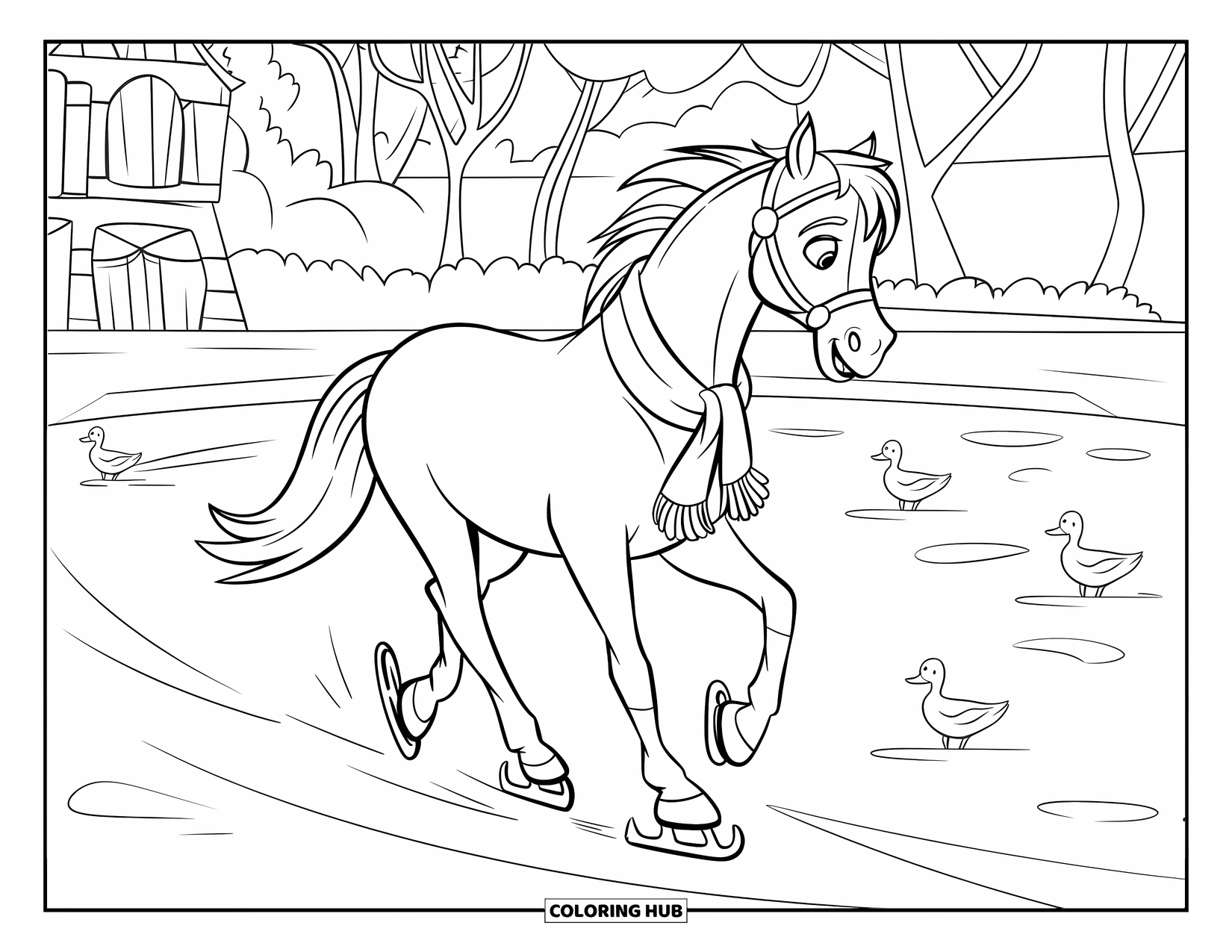 Horse Coloring Page for Kids: A horse in a winter scarf ice-skates on a frozen pond by snowy trees